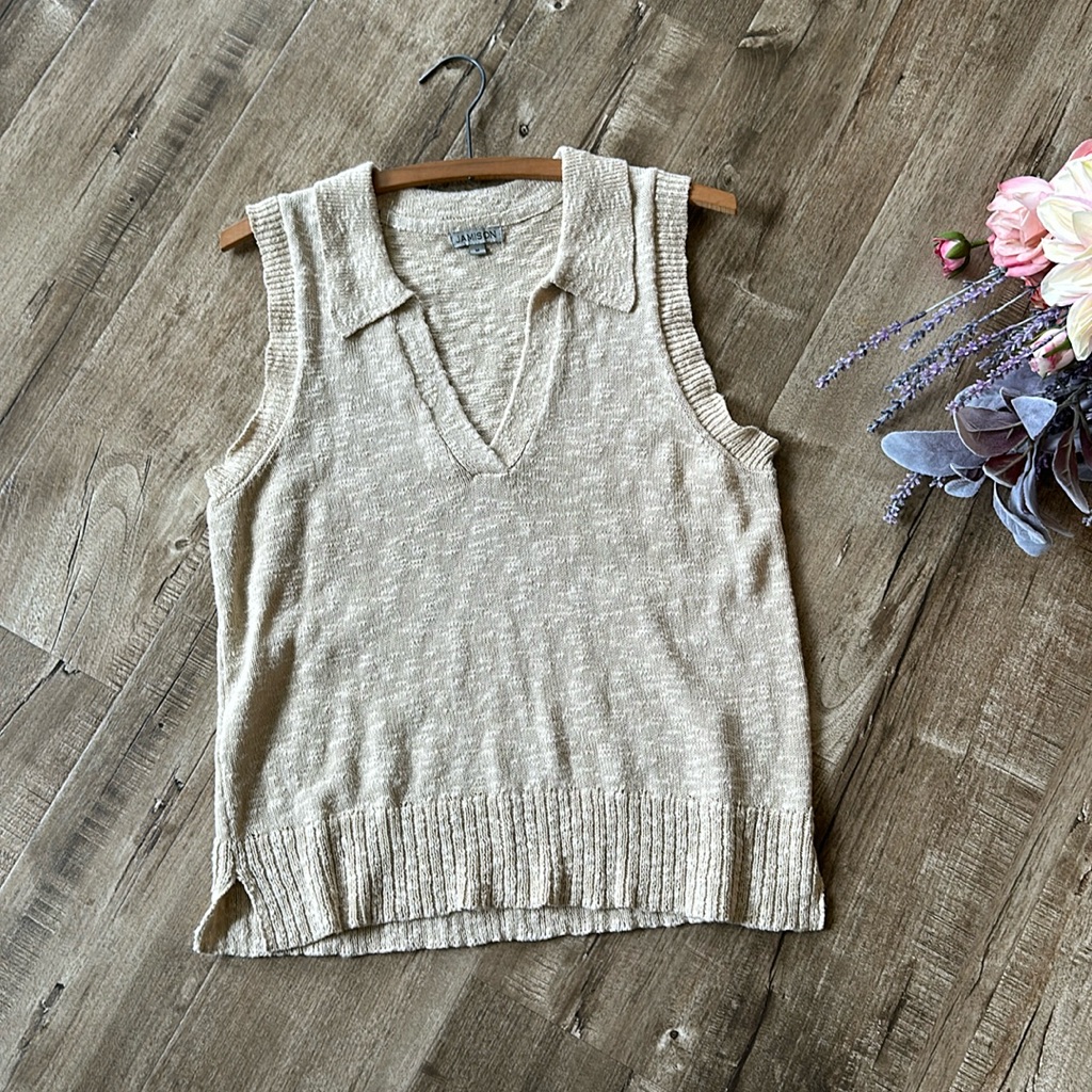 Jamison Natural Colored Slub Knit Sweater Tank Top Collared Open V-Neck Medium